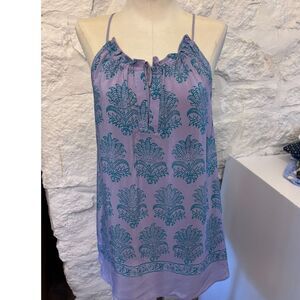 Anthropologie HD in Paris 100% Silk Washable Halter Tank Lavender Teal Print